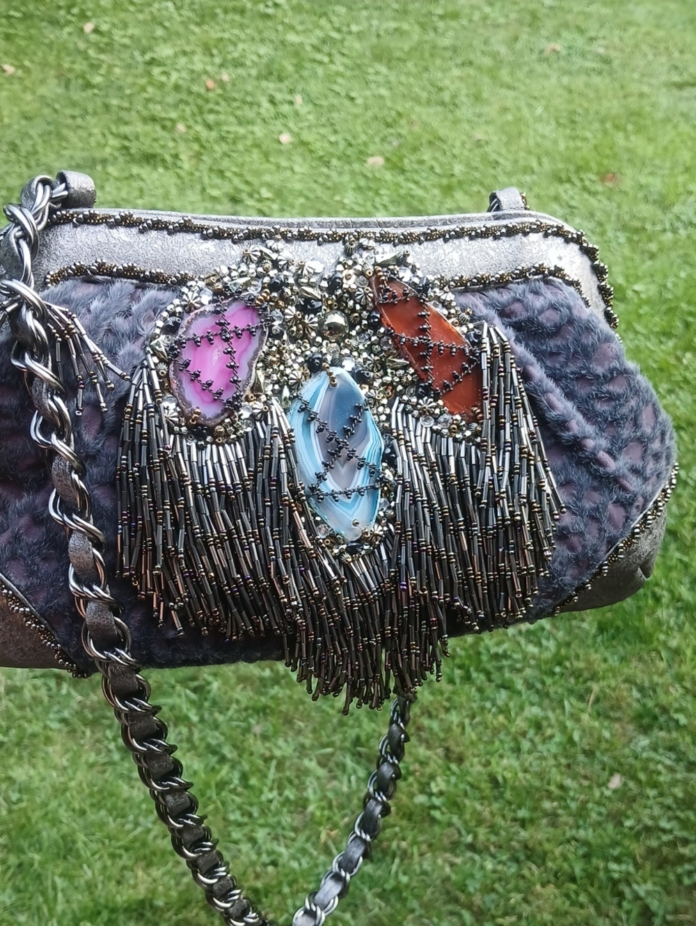 Mary Frances Gray Shoulder Bag with Gunmetal Bead Fringe - Picture 8 of 11